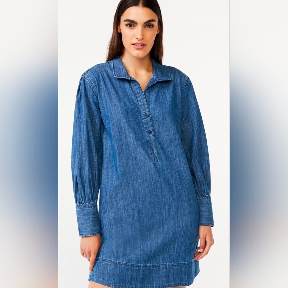 Free Assembly Womans Blouson Denim Shift Dress, Small